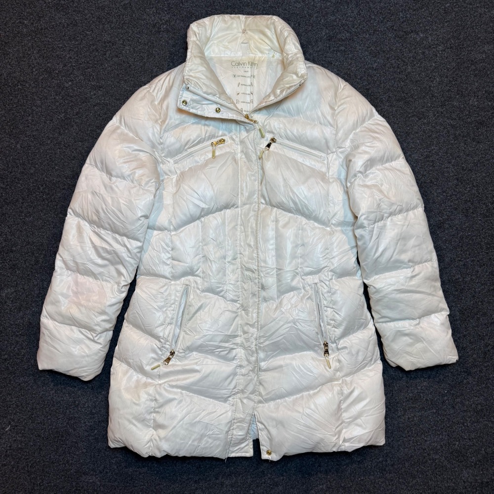 Calvin Klein Performance Womens White Down Puffer Jacket Coat Gold Zip Large